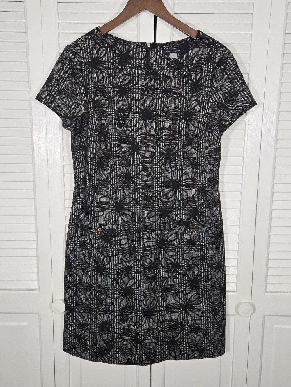 Tommy Hilfiger Black White Floral Lace Short Sleeve Sheath Faux Pockets Zip 12